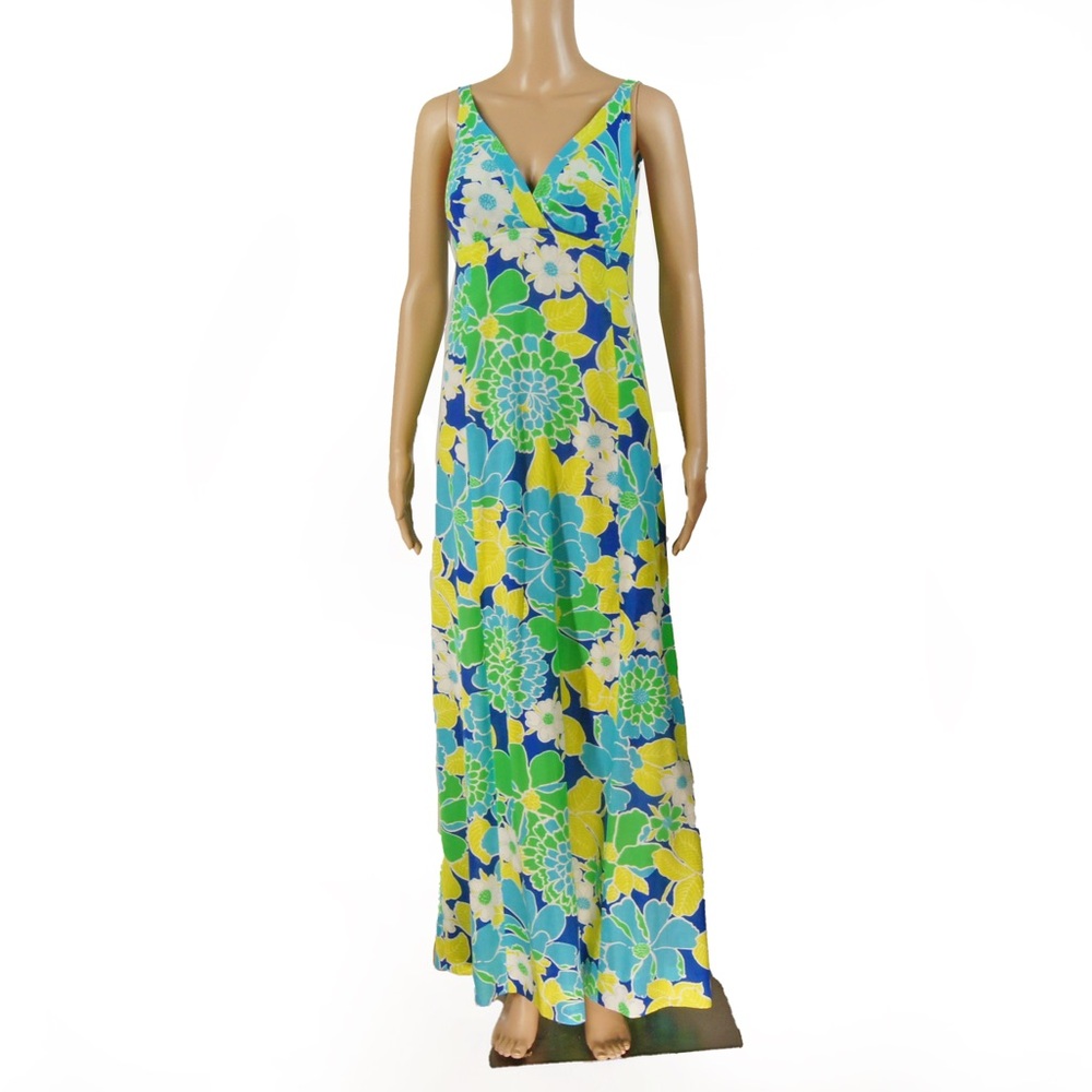 Vintage 60s Mod Retro Floral Green Blue White Maxi Long Sleeveless Sun Dress